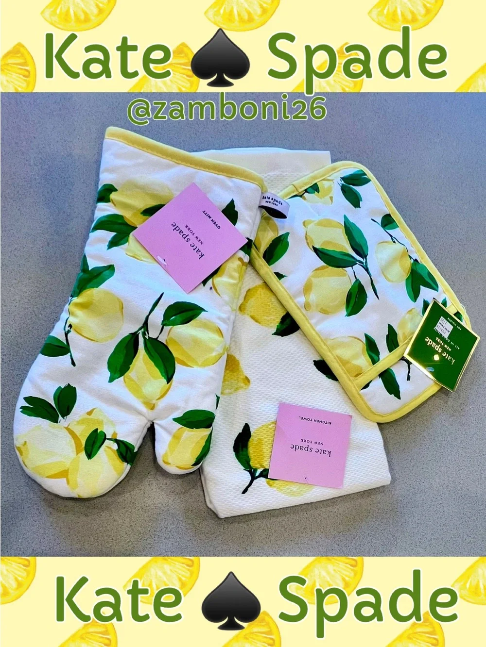Kate Spade Lemon Oven Mitt, Pot Holder, & Kitchen Towel Set New With Tags